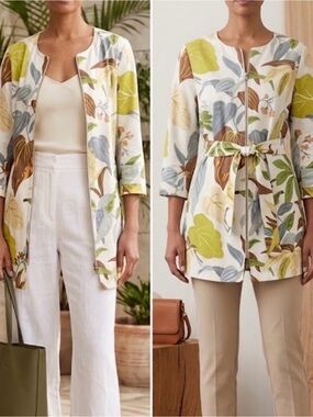 Kelly & Diane Trench Coat Jacket 10 Botanical Leaf Print Zip Up Tie Preppy Work